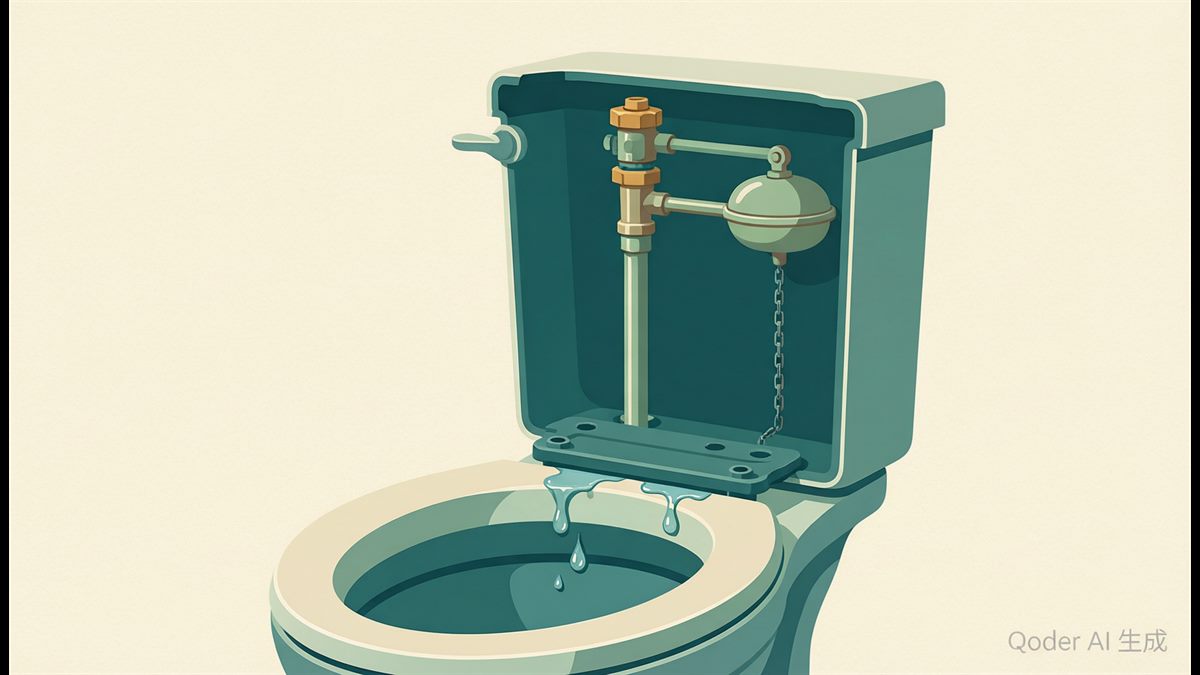 The inside of a toilet tank showing the fill valve, float and rubber flapper leaking into the bowl