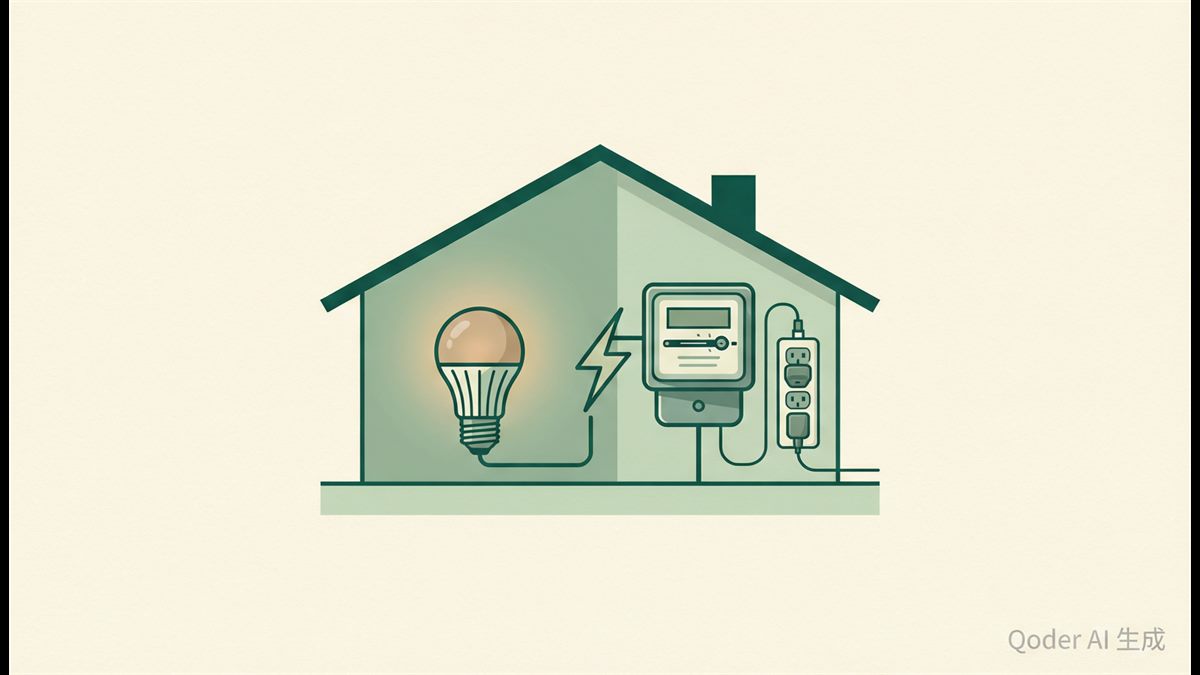 A house cross-section with a glowing LED bulb, an electricity meter and an unplugged power strip