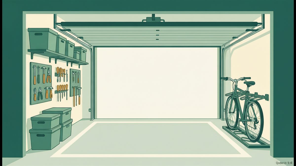 A tidy garage with shelving holding storage bins, a pegboard of tools and open floor space