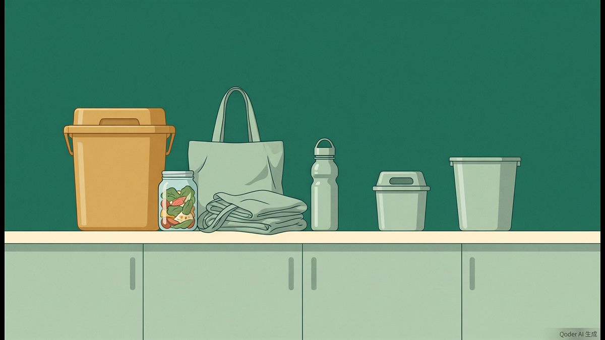 A kitchen counter with a compost pail, reusable jars and cloth bags beside a nearly empty trash bin