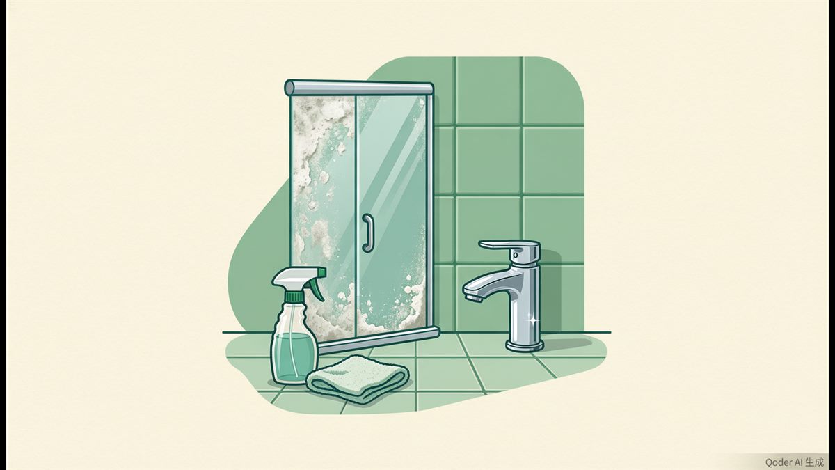 A shower door and chrome faucet half covered in white limescale and half clean, with a vinegar spray bottle