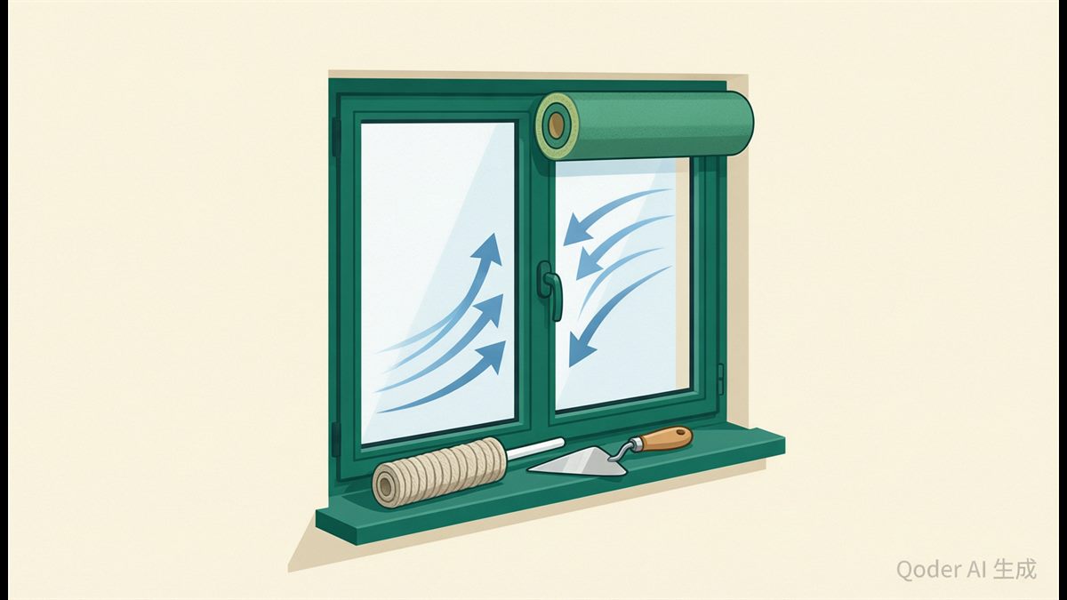 Foam weatherstripping pressed into a window frame while arrows of cold air are blocked out