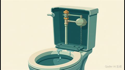 The inside of a toilet tank showing the fill valve, float and rubber flapper leaking into the bowl