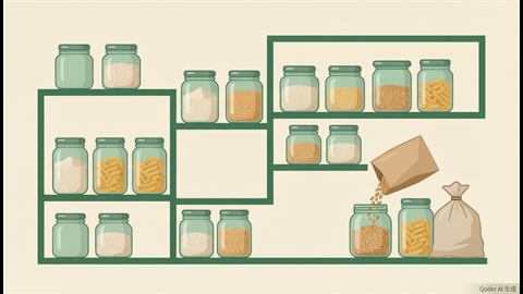Pantry shelves lined with airtight glass jars of flour, rice and dry pasta