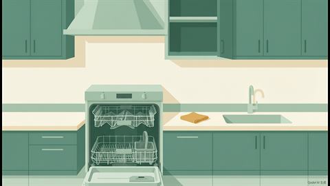 A deep-cleaned kitchen with an open empty dishwasher and a wiped-down stovetop