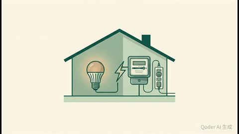 A house cross-section with a glowing LED bulb, an electricity meter and an unplugged power strip
