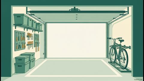 A tidy garage with shelving holding storage bins, a pegboard of tools and open floor space