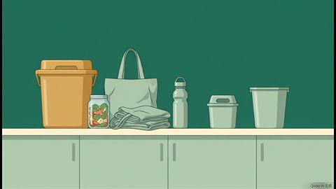 A kitchen counter with a compost pail, reusable jars and cloth bags beside a nearly empty trash bin