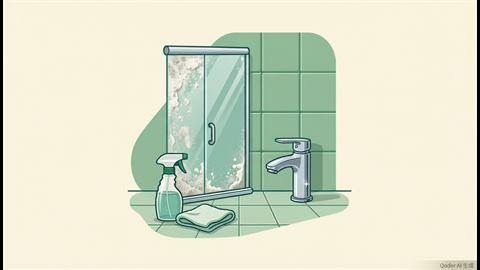 A shower door and chrome faucet half covered in white limescale and half clean, with a vinegar spray bottle