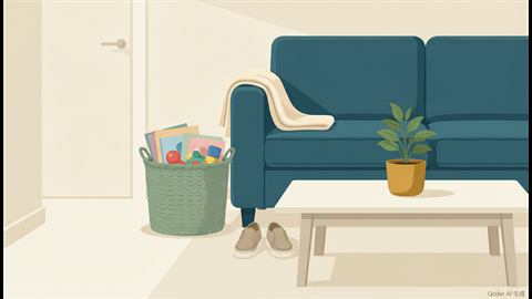 A tidy living room corner with a folded blanket, a clutter basket and a cleared coffee table