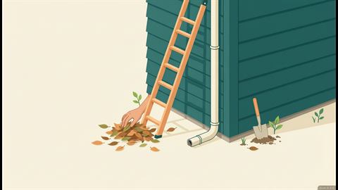 A ladder leaning against a house wall beside a clean gutter and sprouting plants