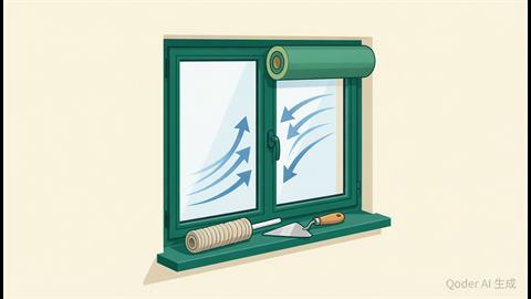 Foam weatherstripping pressed into a window frame while arrows of cold air are blocked out