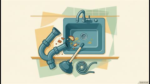 A kitchen sink with its removed P-trap pipe, a plunger and a hand drain snake laid beside it