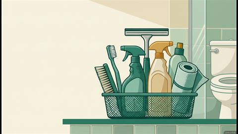 A cleaning caddy with spray bottles, a squeegee, brushes and a microfiber cloth on a tiled shelf