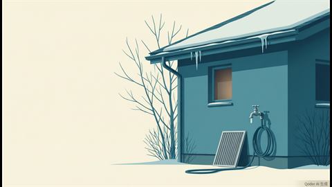 A house exterior with snow on the roof, icicles at the gutter and a disconnected outdoor spigot