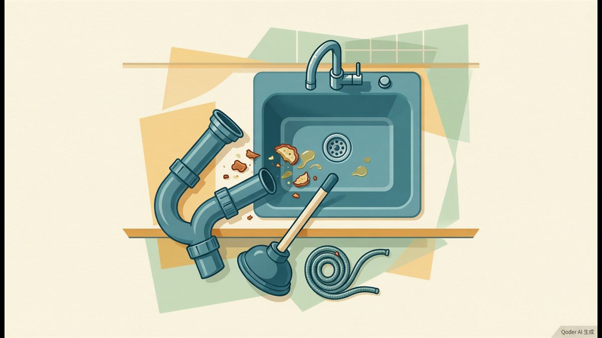 A kitchen sink with its removed P-trap pipe, a plunger and a hand drain snake laid beside it