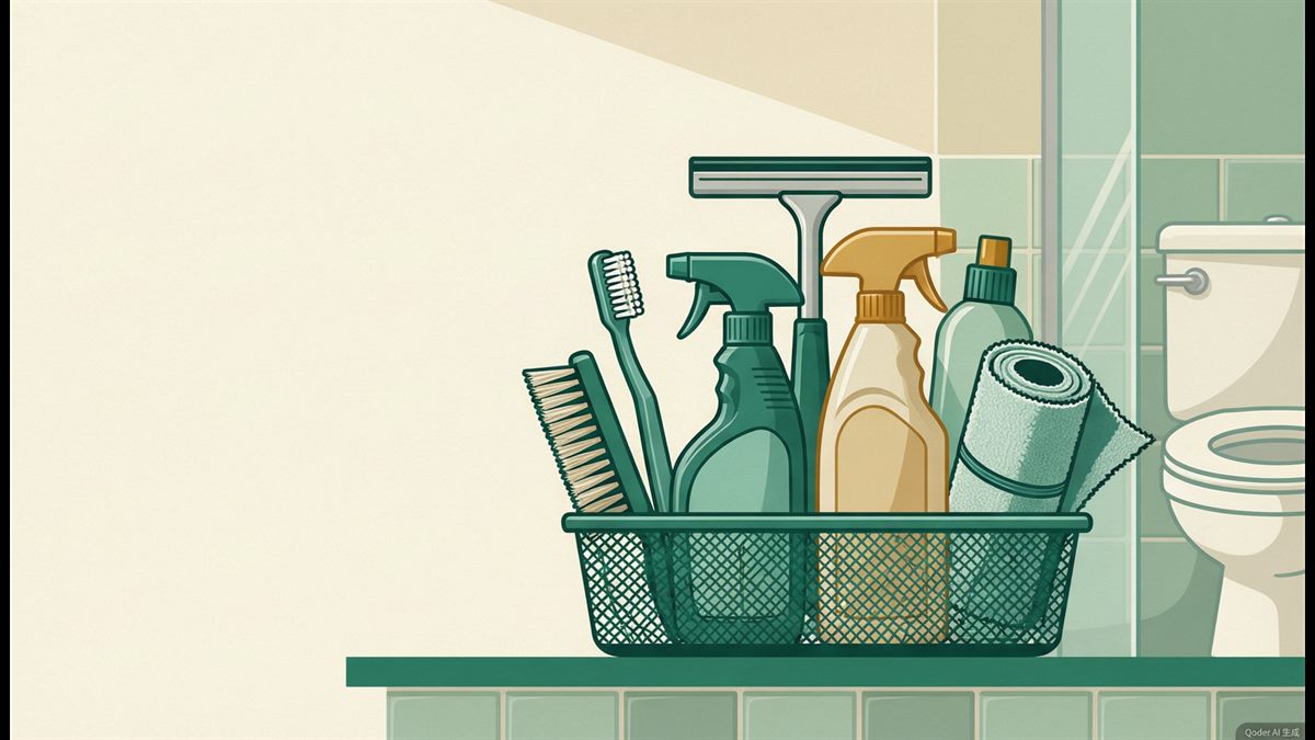 A cleaning caddy with spray bottles, a squeegee, brushes and a microfiber cloth on a tiled shelf