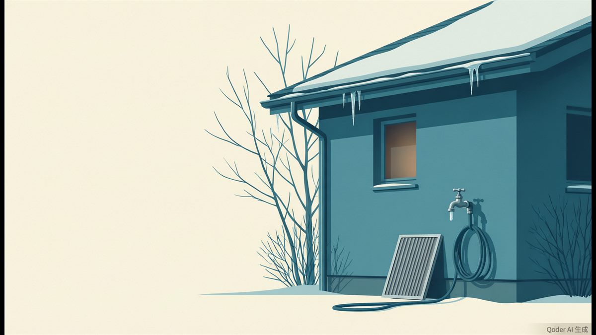 A house exterior with snow on the roof, icicles at the gutter and a disconnected outdoor spigot